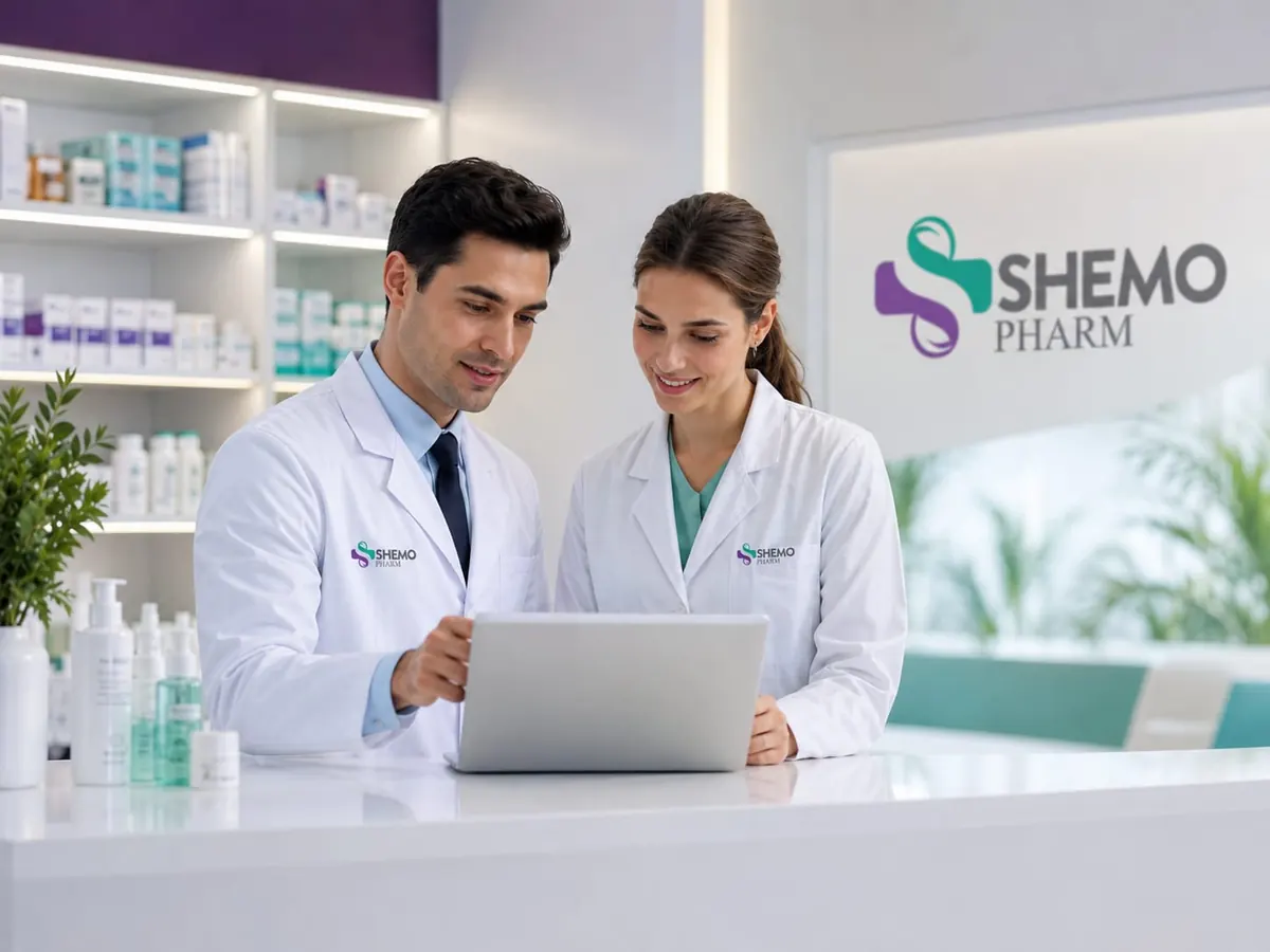Dy farmacistë të SHEMO Pharm duke shqyrtuar një porosi në laptop pas banakut